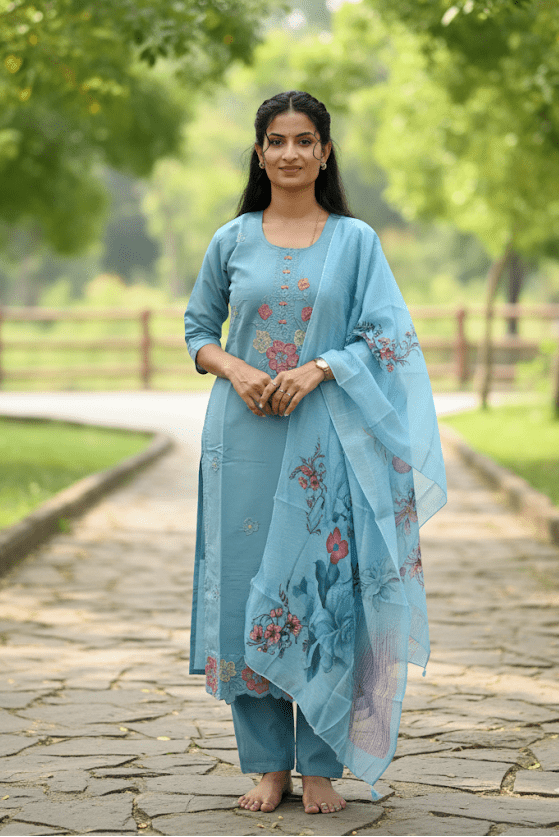 Light Blue Floral Embroidery Kurti For Women & Girls - Aira Fabrics Designer Studio