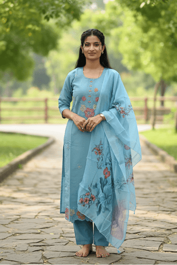 Light Blue Floral Embroidery Kurti For Women & Girls - Aira Fabrics Designer Studio