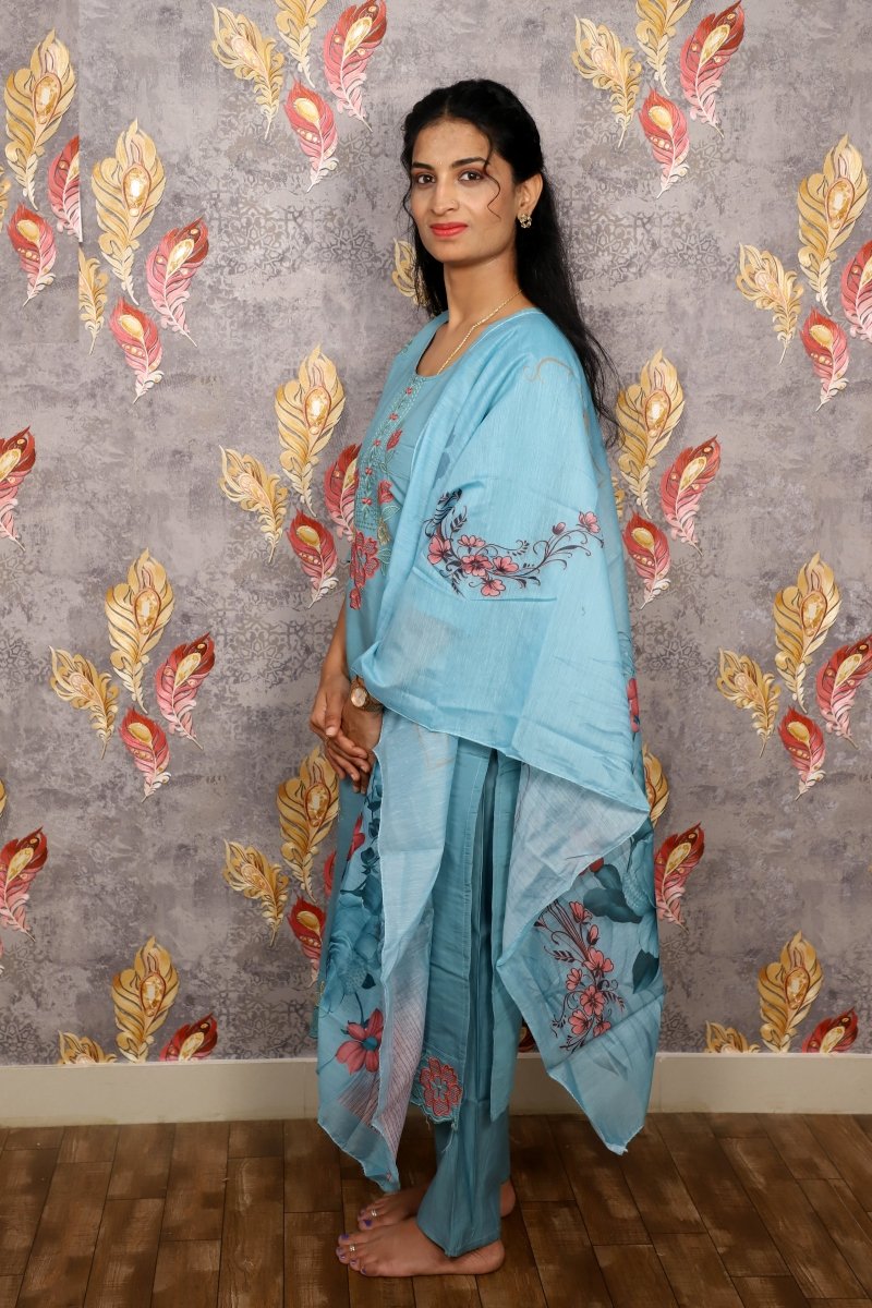 Light Blue Floral Embroidery Kurti For Women & Girls - Aira Fabrics Designer Studio