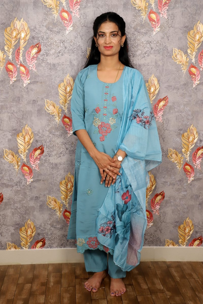 Light Blue Floral Embroidery Kurti For Women & Girls - Aira Fabrics Designer Studio