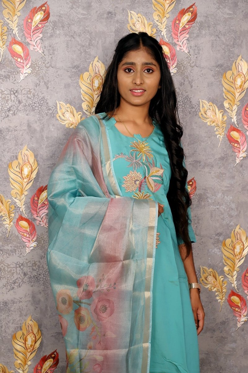 Light Blue Kurti With Embroidery Floral Design For Women & Girls - Aira Fabrics Designer Studio