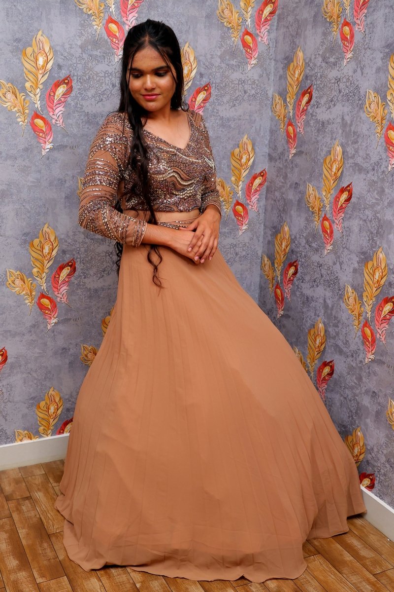 Light Brown Sequin-Embellished Top With Solid Skirt For Women & Girls - Aira Fabrics Designer Studio