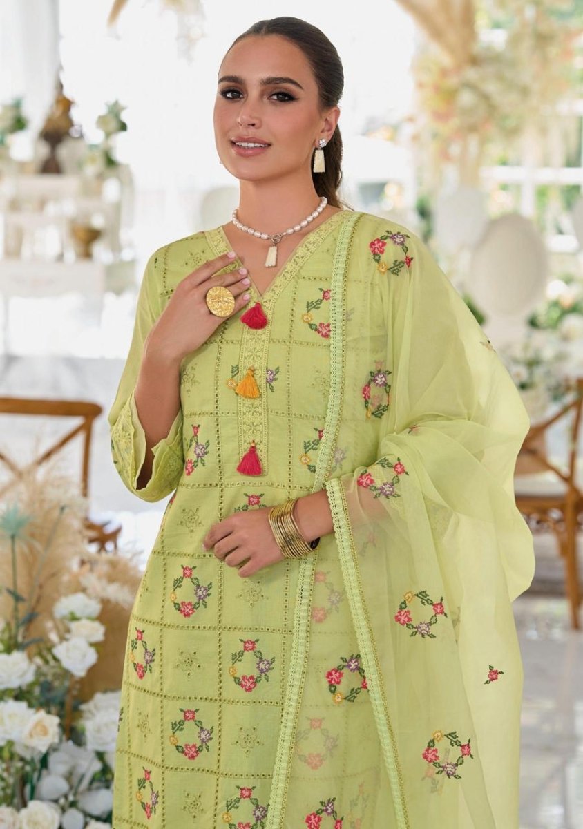 Light Green Embroidery Work Cotton Kurti And Bottom With Cotton Dupatta For Women & Girls - Aira Fabrics Designer Studio