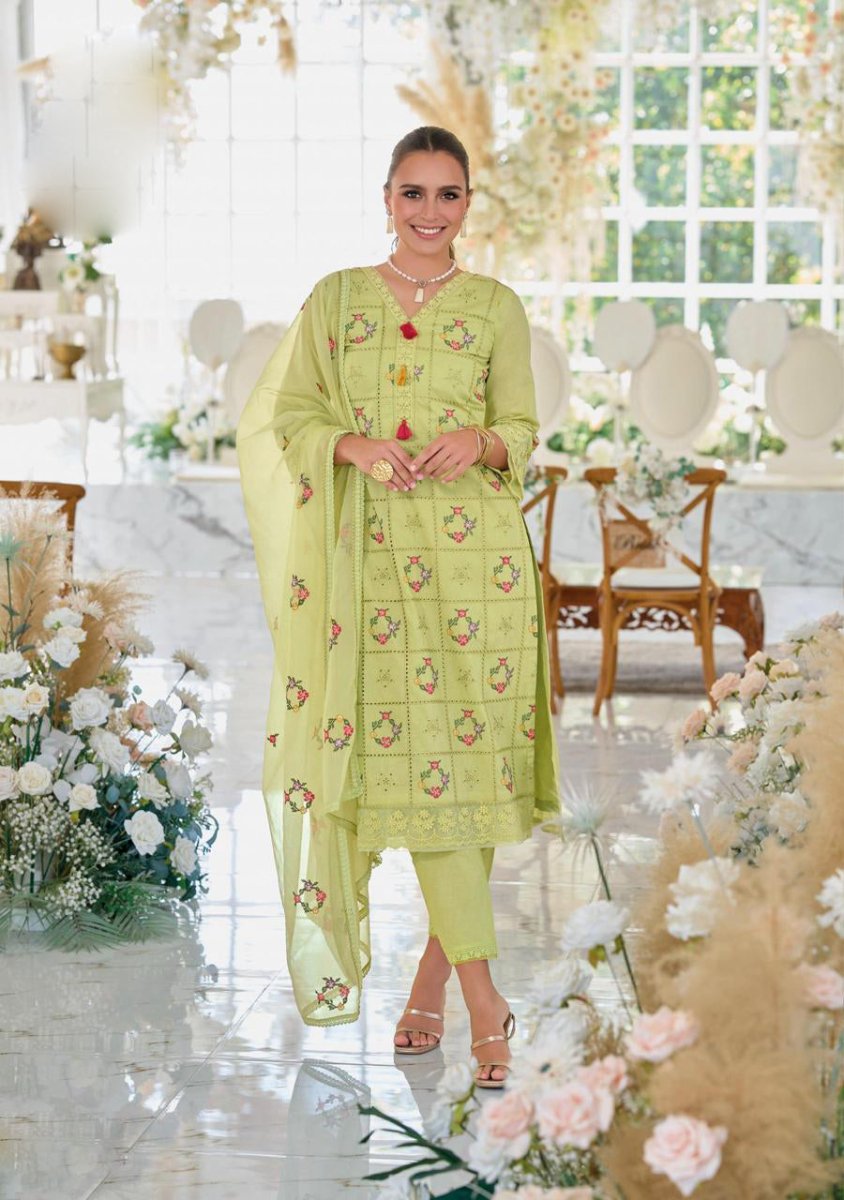 Light Green Embroidery Work Cotton Kurti And Bottom With Cotton Dupatta For Women & Girls - Aira Fabrics Designer Studio