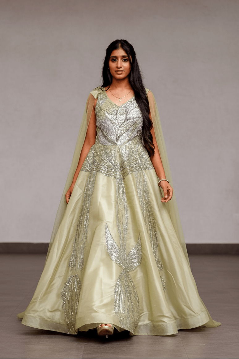 Light Green Gown With Silver Sequin Embellishments For Women & Girls - Aira Fabrics Designer Studio