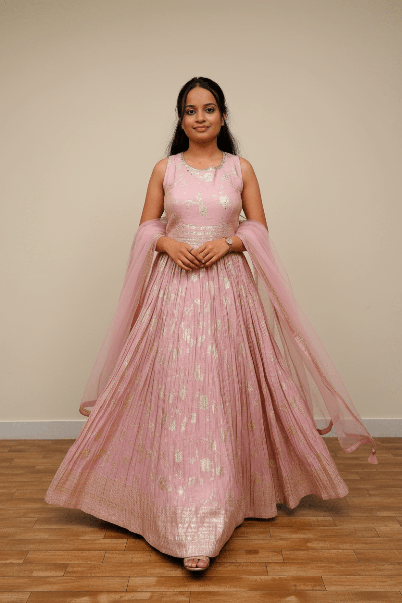 Light Pink Anarkali Gown With Silver And Gold Embellishments For Women & Girls - Aira Fabrics Designer Studio