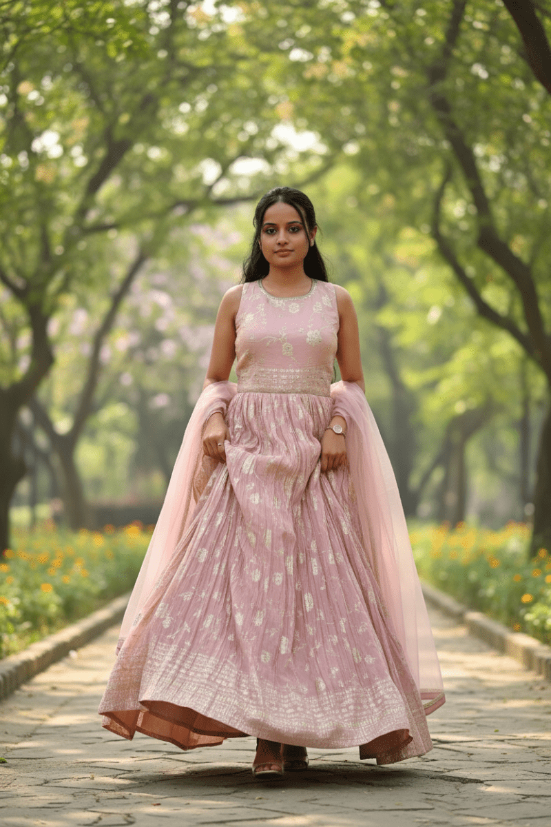 Light Pink Anarkali Gown With Silver And Gold Embellishments For Women & Girls - Aira Fabrics Designer Studio