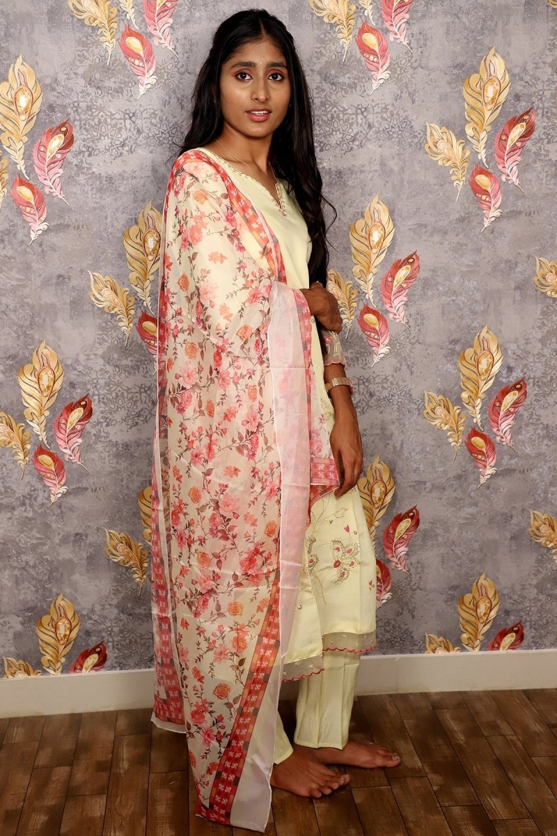 Light Yellow Kurti With Floral Dupatta For Women & Girls - Aira Fabrics Designer Studio