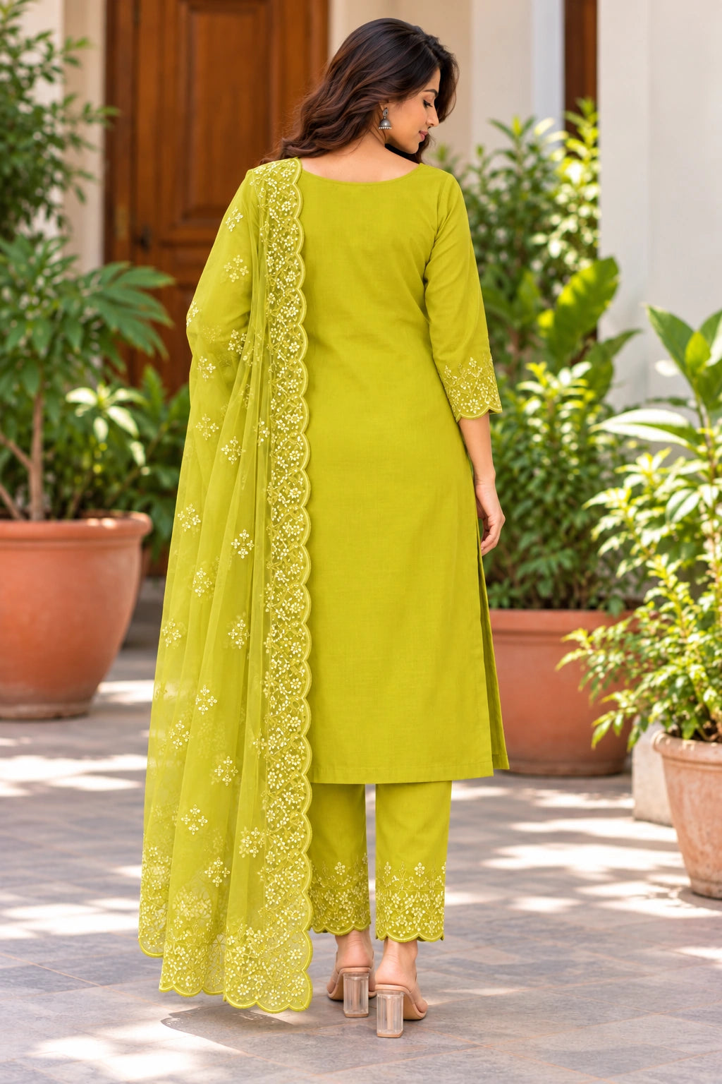 Lime Green Embroidered Cotton Kurti Set with Organza Dupatta for Women