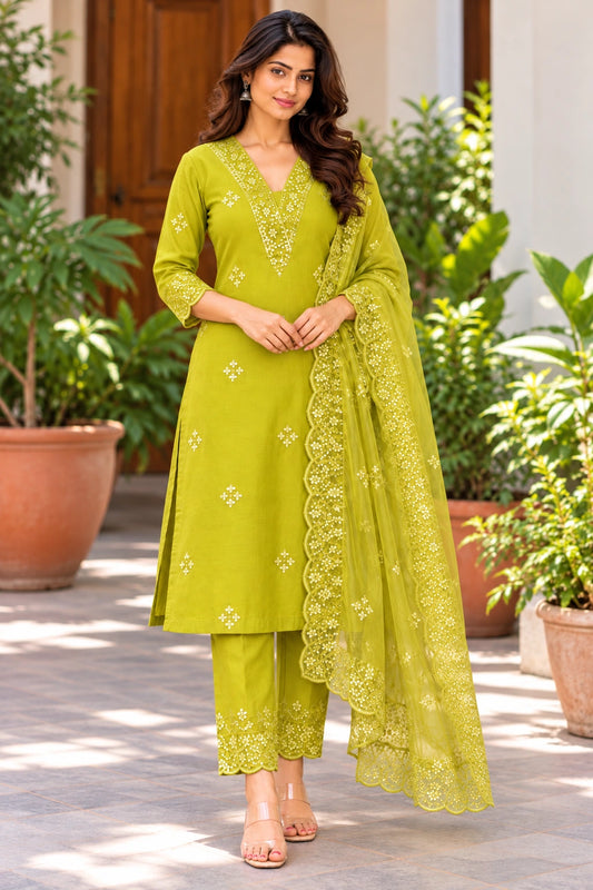 Lime Green Embroidered Cotton Kurti Set with Organza Dupatta for Women