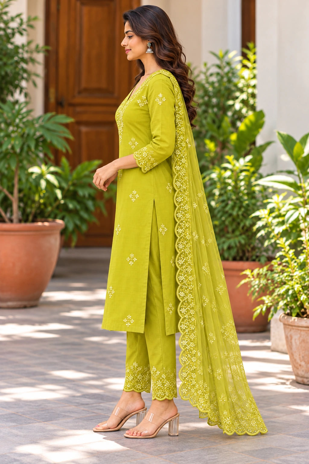 Lime Green Embroidered Cotton Kurti Set with Organza Dupatta for Women
