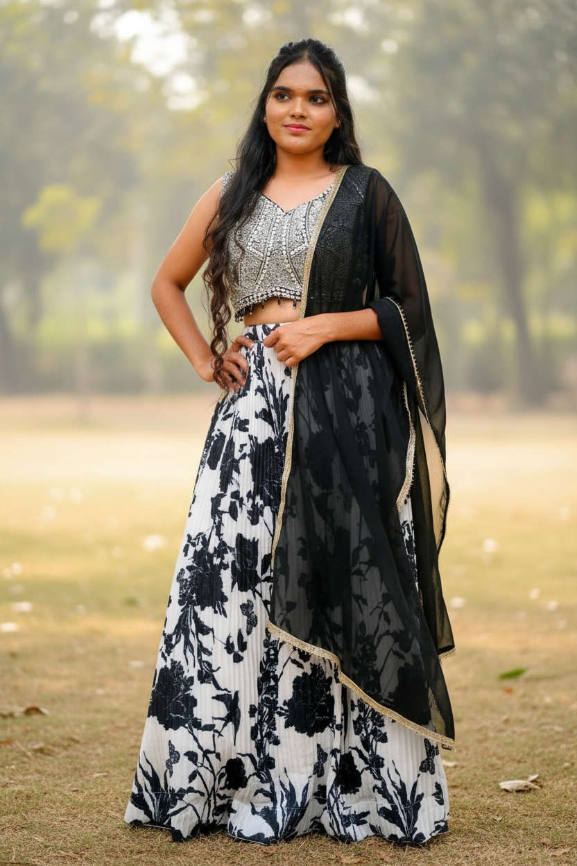 Black & White Floral Print With Sequin Embroidery For Women & Girls