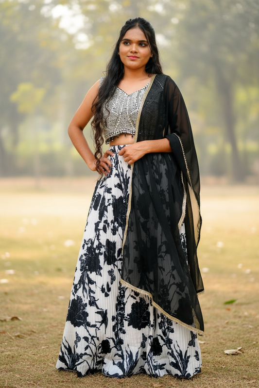 Black & White Floral Print With Sequin Embroidery For Women & Girls