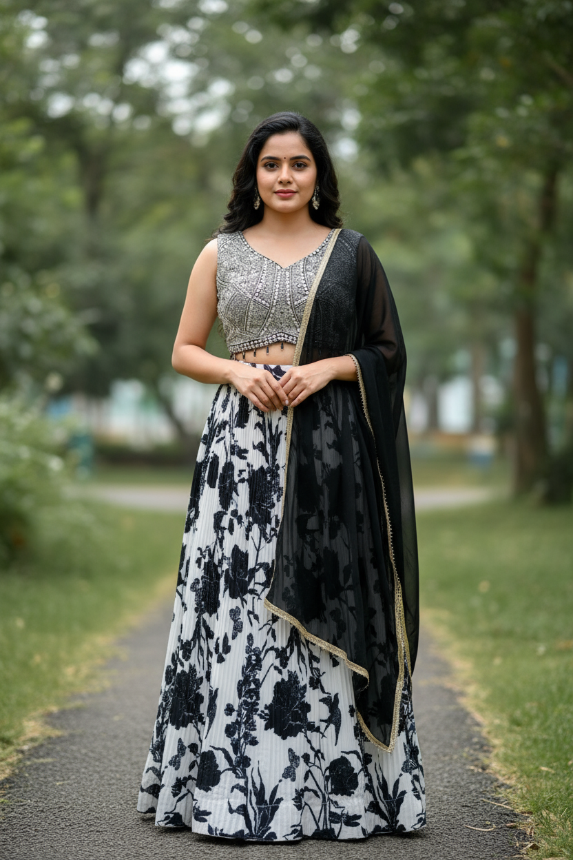 Black & White Floral Print With Sequin Embroidery For Women & Girls
