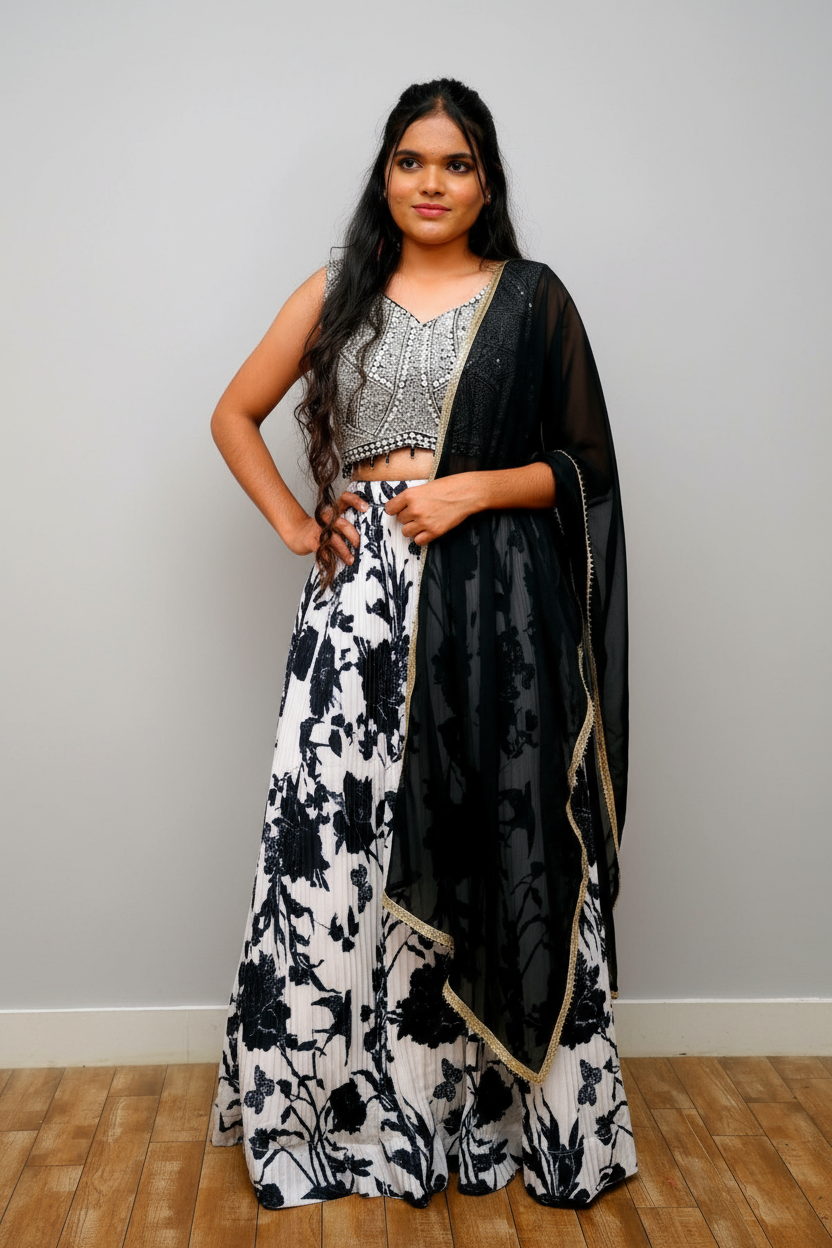 Black & White Floral Print With Sequin Embroidery For Women & Girls