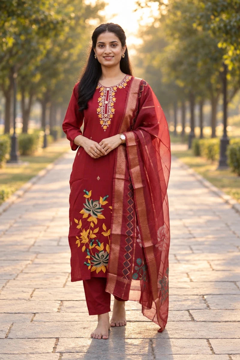 Maroon Embroidered Salwar Kameez For Women & Girls - Aira Fabrics Designer Studio