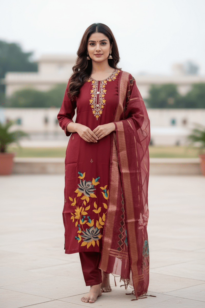 Maroon Embroidered Salwar Kameez For Women & Girls - Aira Fabrics Designer Studio
