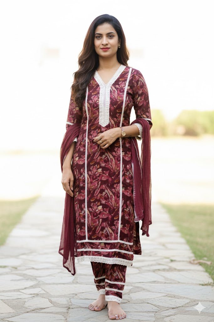 Maroon Floral Print Salwar Suit With Lace Detailing For Women & Girls - Aira Fabrics Designer Studio