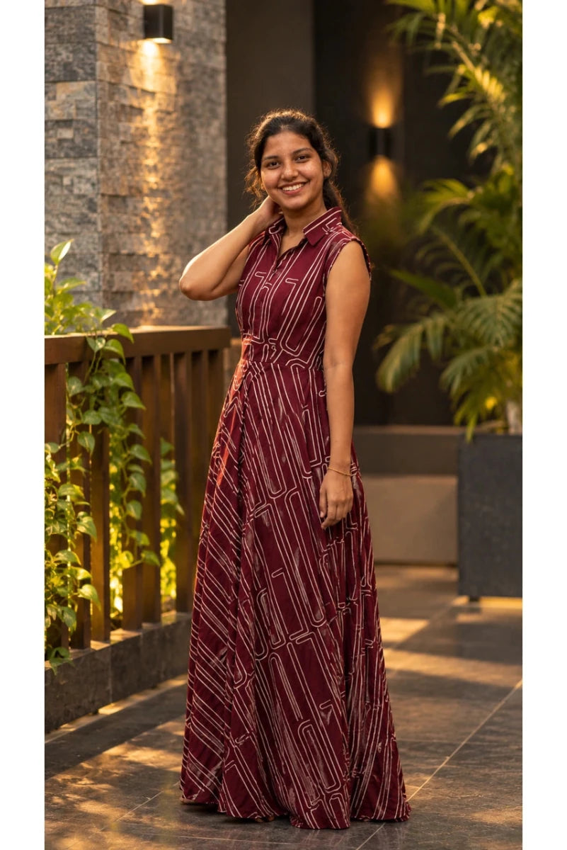 Maroon Geometric Print Sleeveless Collared Maxi Dress for Women - Aira Fabrics Designer Studio