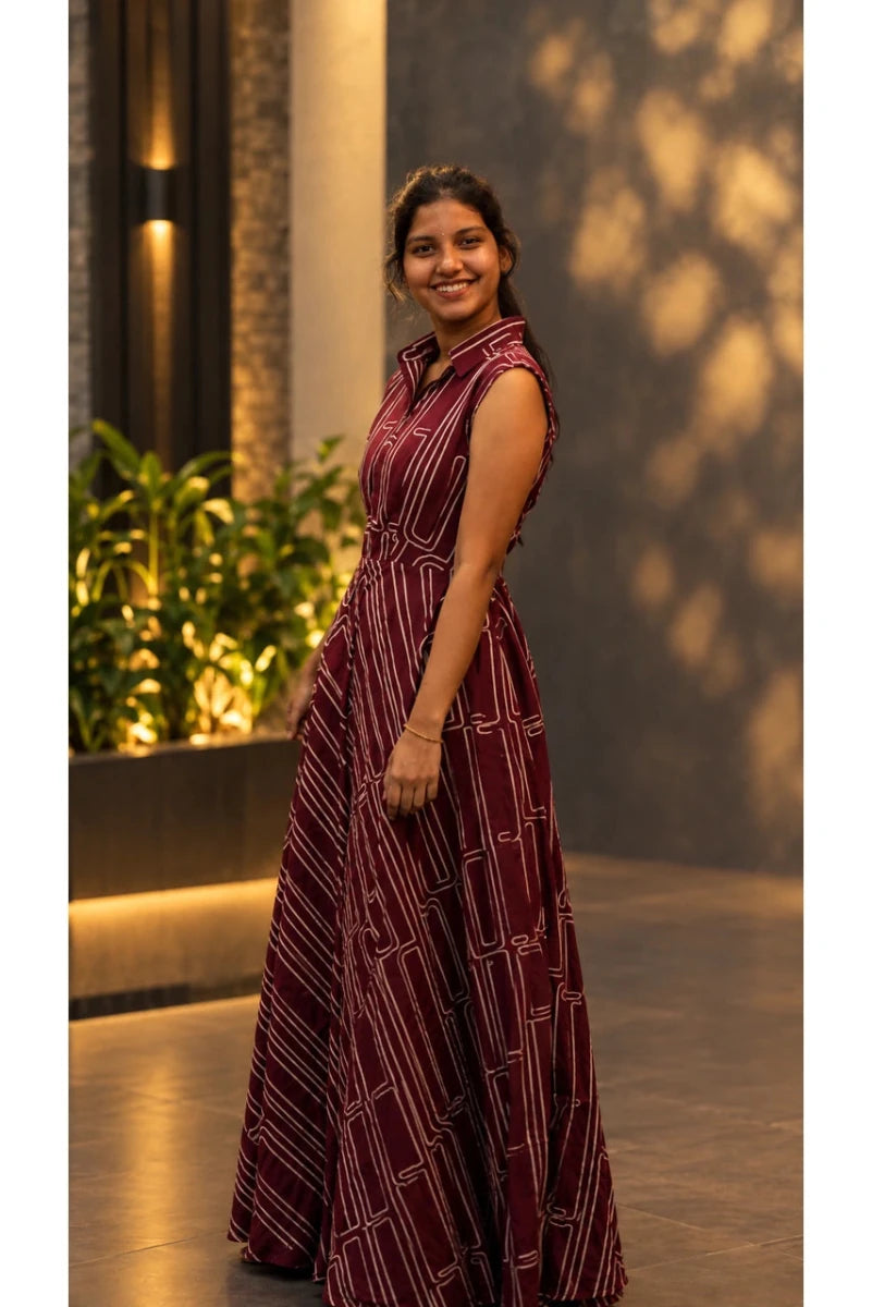 Maroon Geometric Print Sleeveless Collared Maxi Dress for Women - Aira Fabrics Designer Studio