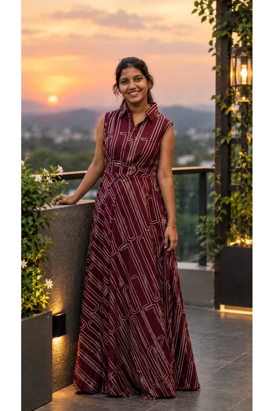 Maroon Geometric Print Sleeveless Collared Maxi Dress for Women - Aira Fabrics Designer Studio