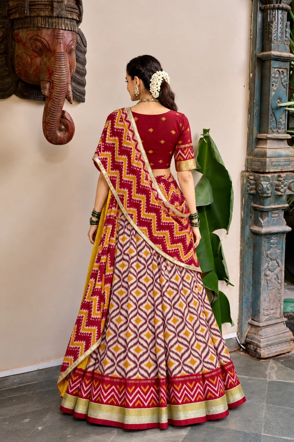 Maroon & Mustard Ikat Print Silk Half Saree with Zari Border