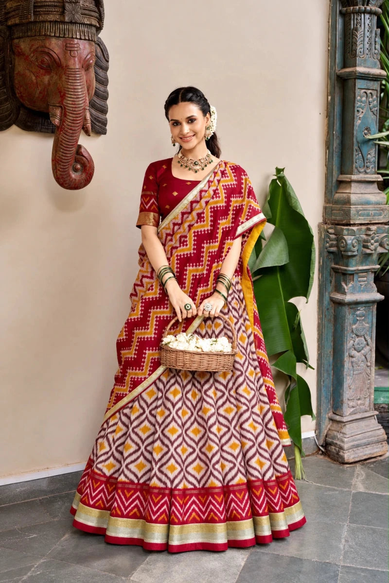 Maroon & Mustard Ikat Print Silk Half Saree with Zari Border - Aira Fabrics Designer Studio