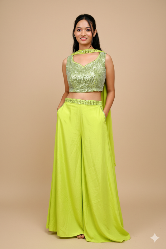 Citrus Green Cotton Crop Top & Palazzo Set For Women & Girls