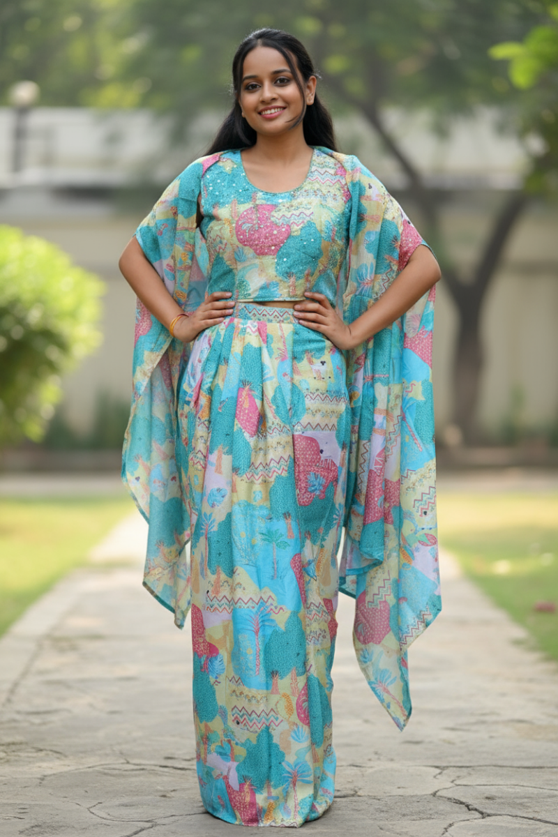 Multicolor Artistic Ensemble With Nature-Inspired Patterns Lehenga For Women & Girls - Aira Fabrics Designer Studio