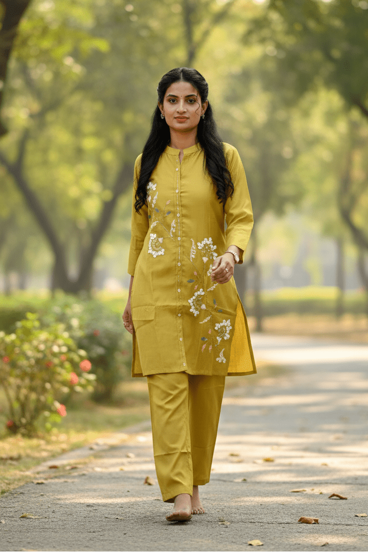 Mustard Yellow Kurti With White Floral Embroidery For Women & Girls - Aira Fabrics Designer Studio
