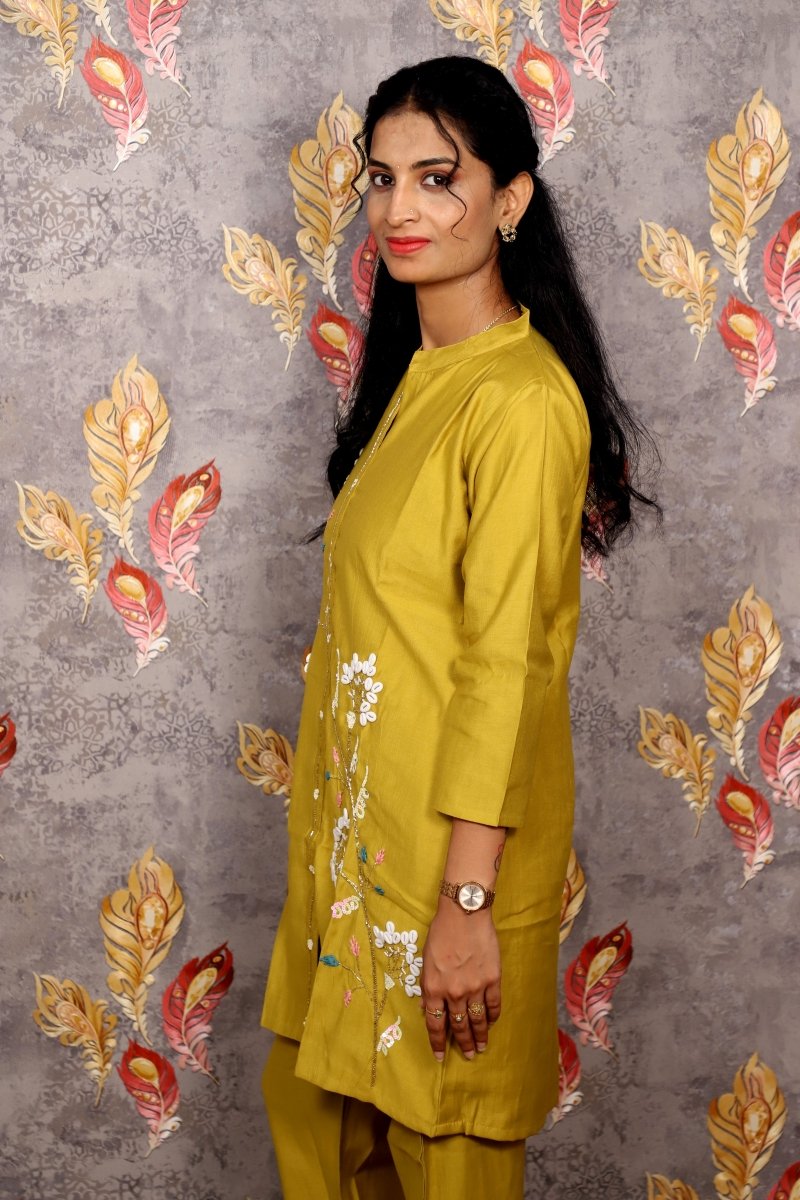 Mustard Yellow Kurti With White Floral Embroidery For Women & Girls - Aira Fabrics Designer Studio