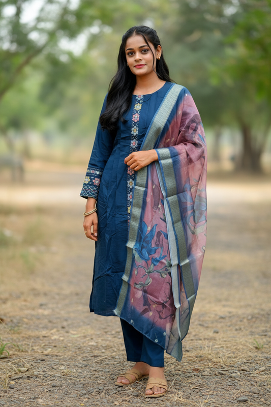 Dark Blue Kurti With Pink Color Floral Design Dupatta For Women & Girls