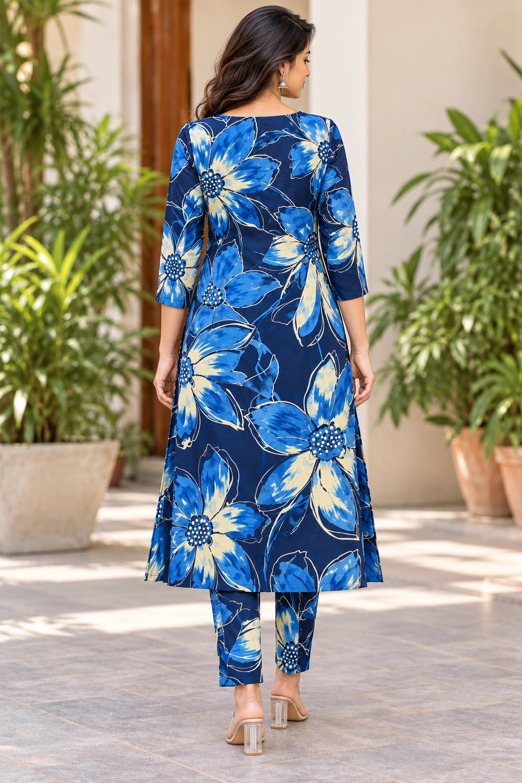 Navy Blue Floral Printed Cotton Kurti Set for Women