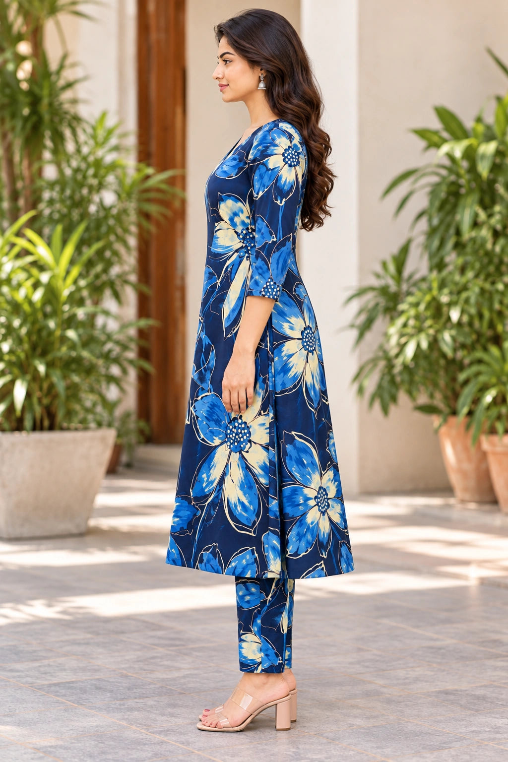 Navy Blue Floral Printed Cotton Kurti Set for Women