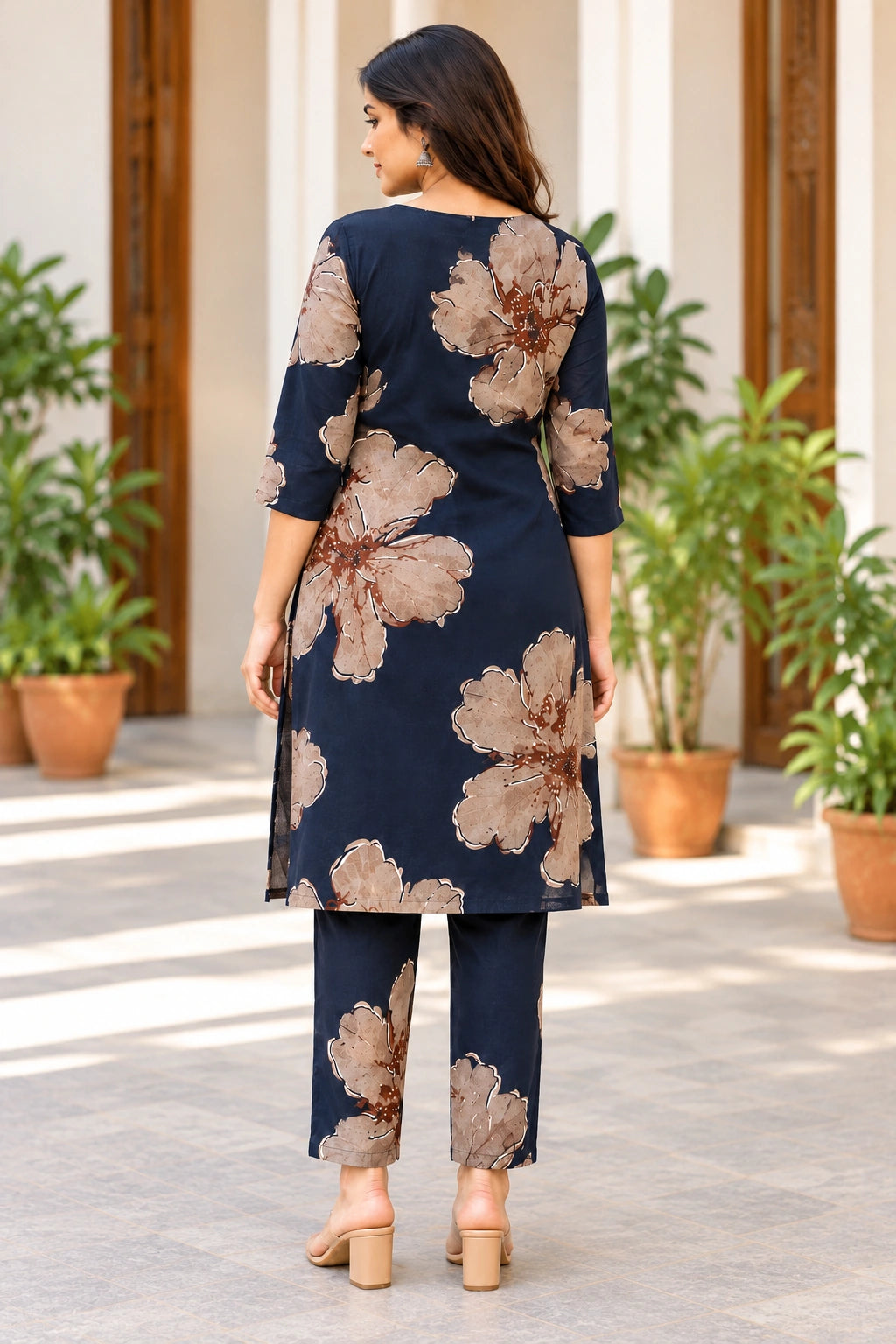 Navy Blue & Beige Floral Printed Cotton Kurti Set for Women