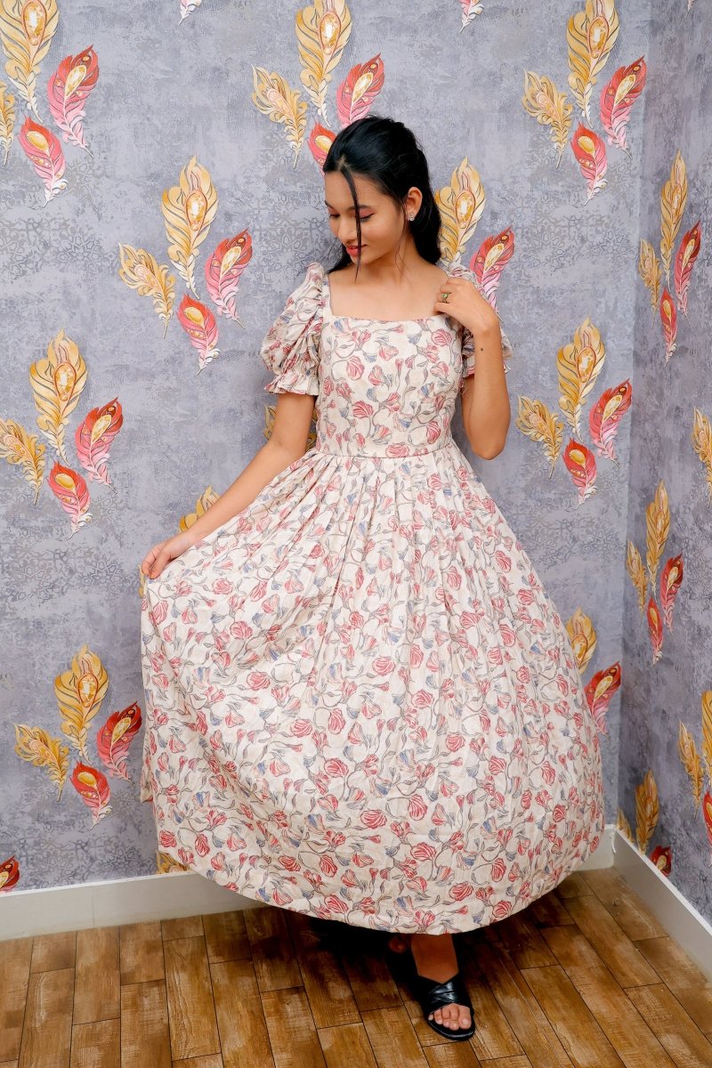 Off-White Floral Design Gown For Women & Girls - Aira Fabrics Designer Studio