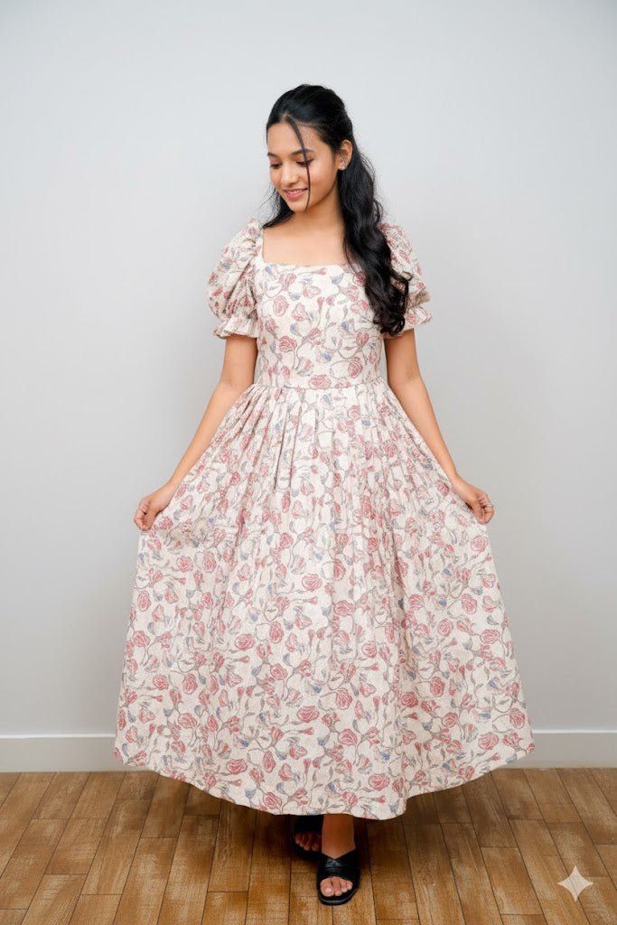 Off-White Floral Design Gown For Women & Girls - Aira Fabrics Designer Studio