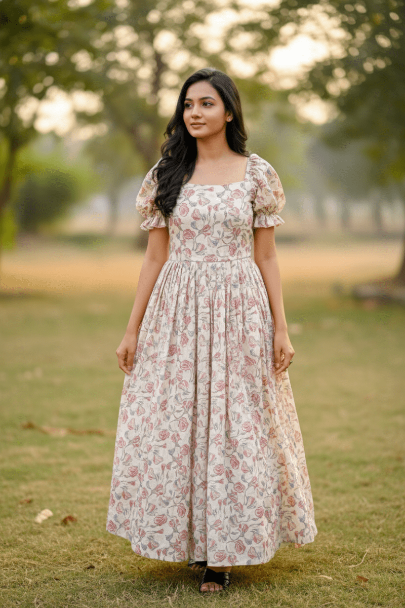 Off-White Floral Design Gown For Women & Girls - Aira Fabrics Designer Studio