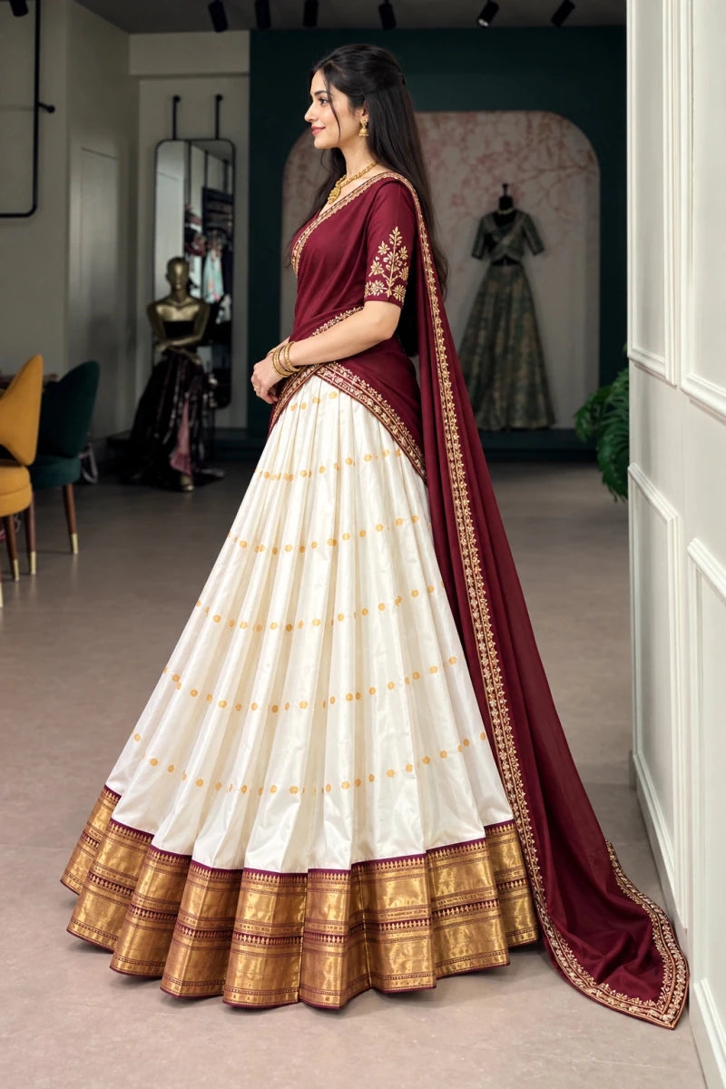Off White & Maroon Silk Cotton Lehenga with Zari Border and Embroidered Dupatta for Women - Aira Fabrics Designer Studio