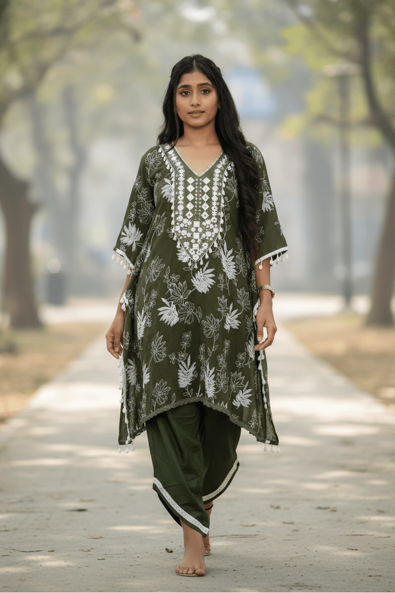 Olive Green Floral Embroidered Kurti With Tulip Pants For Women & Girls - Aira Fabrics Designer Studio