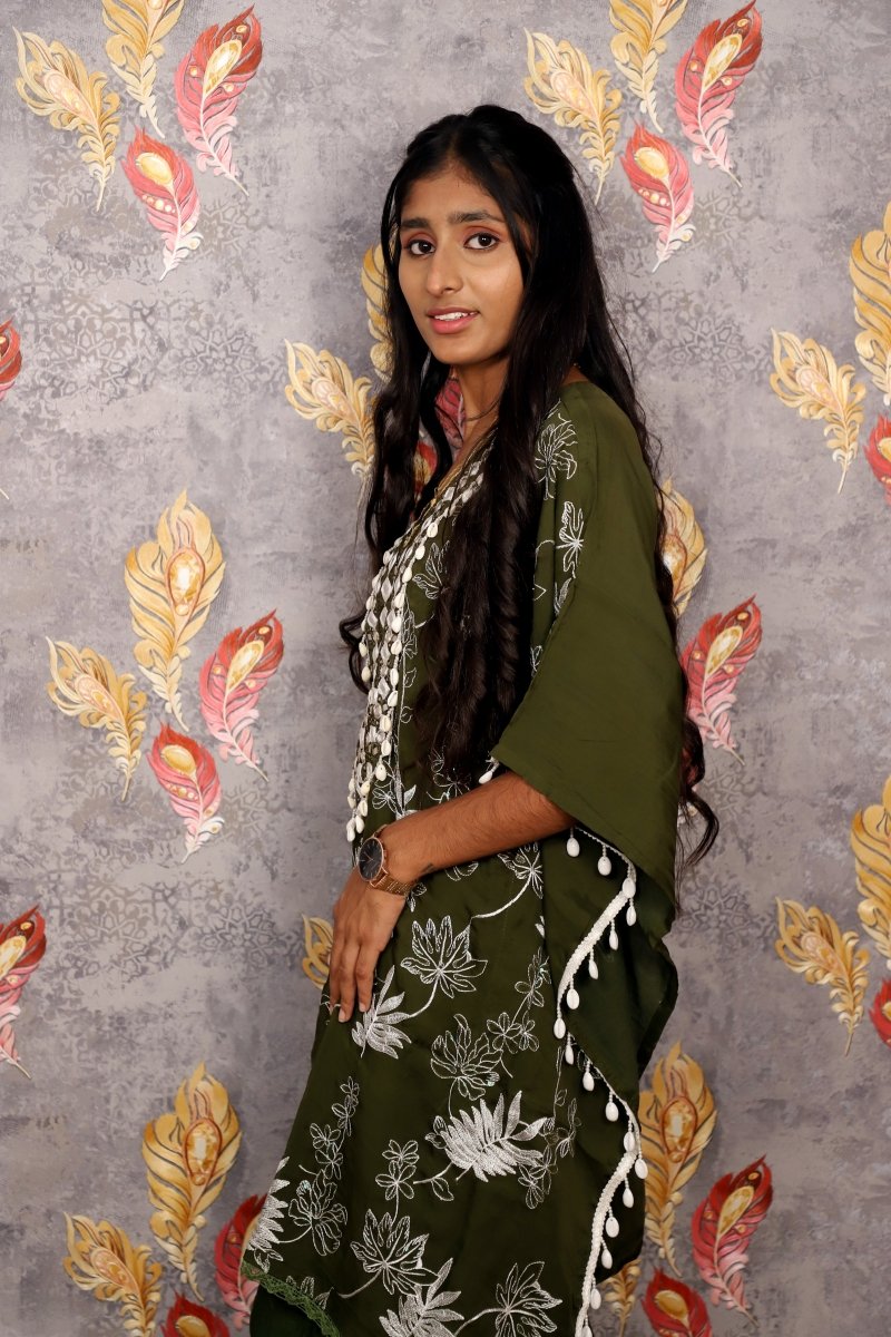 Olive Green Floral Embroidered Kurti With Tulip Pants For Women & Girls - Aira Fabrics Designer Studio