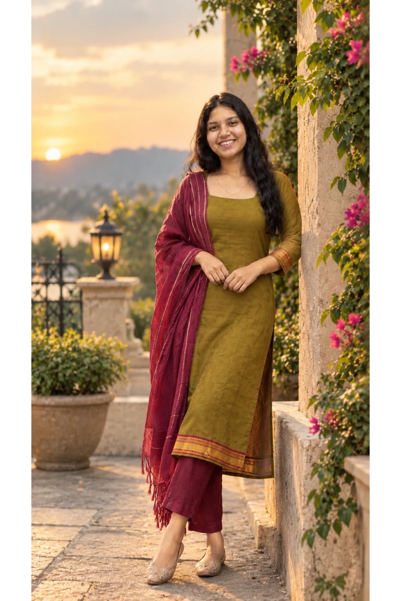 Olive Green Handloom Cotton Kurti Set with Maroon Zari Stripe Dupatta for Women - Aira Fabrics Designer Studio