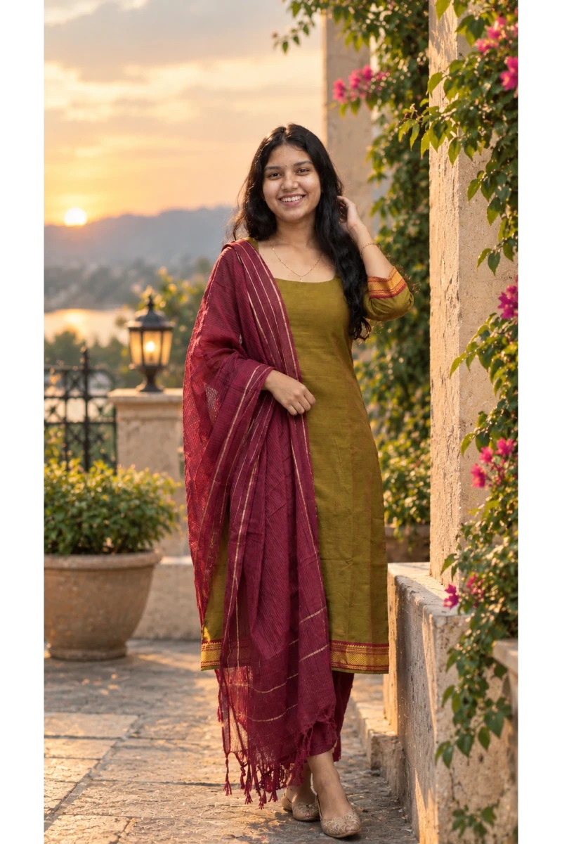 Olive Green Handloom Cotton Kurti Set with Maroon Zari Stripe Dupatta for Women - Aira Fabrics Designer Studio