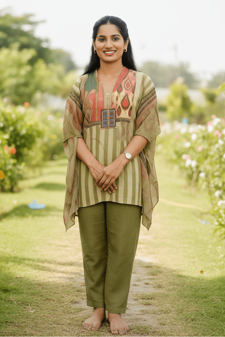 Olive Green Striped Kaftan With Embroidered Yoke And Solid Pants For Women & Girls - Aira Fabrics Designer Studio