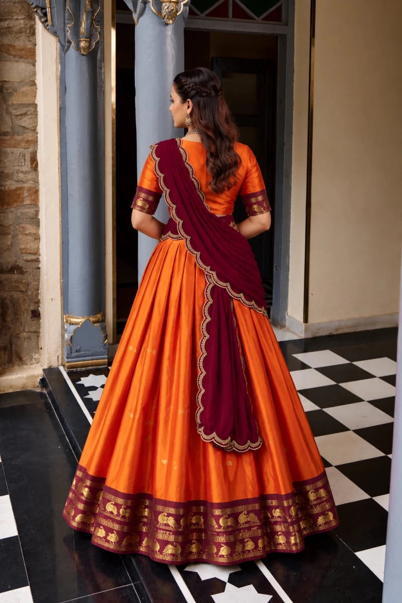 Orange Cotton Silk Lehenga with Maroon Embroidered Dupatta and Zari Border for Women - Aira Fabrics Designer Studio