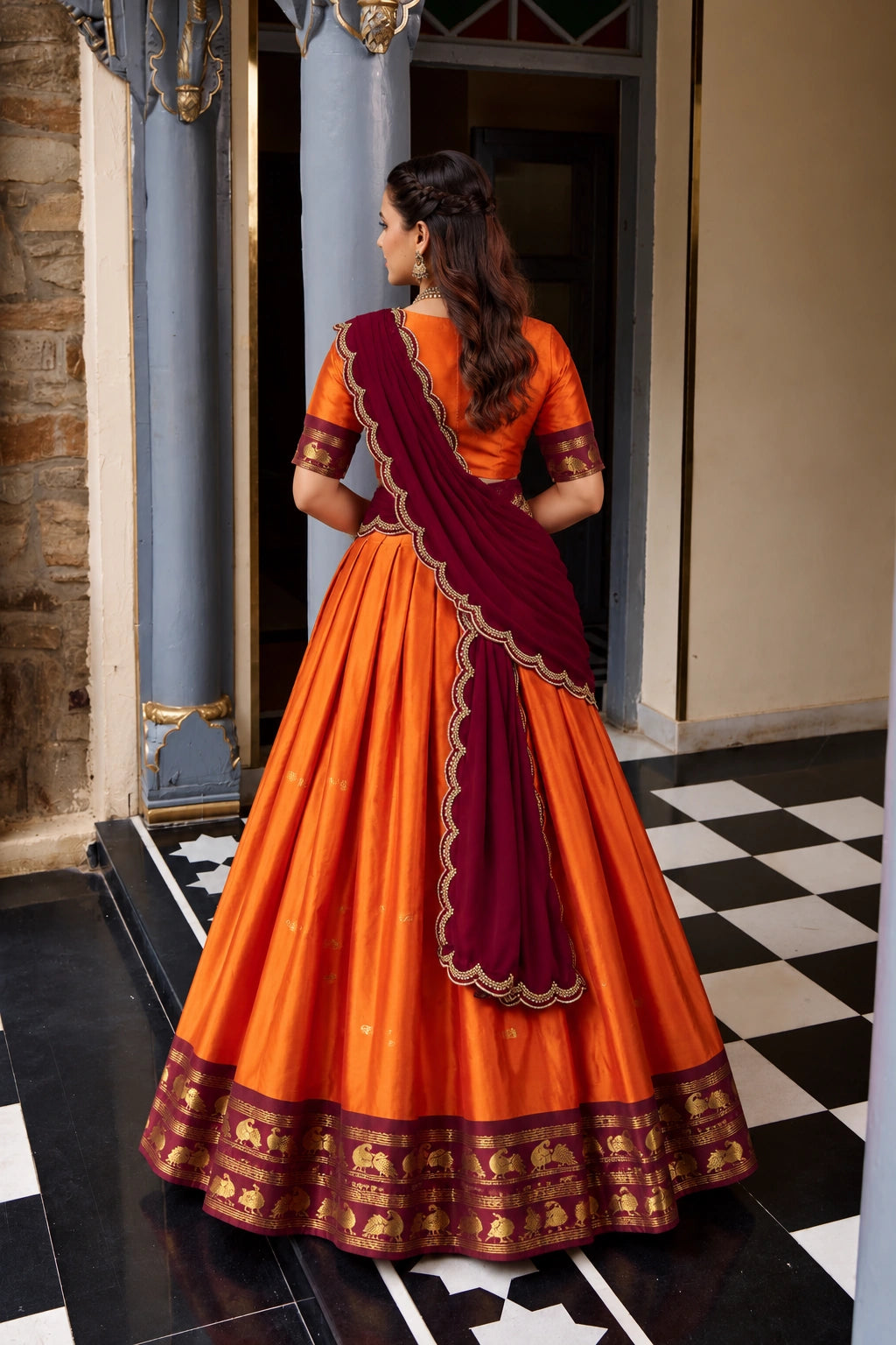 Orange Cotton Silk Lehenga with Maroon Embroidered Dupatta and Zari Border for Women