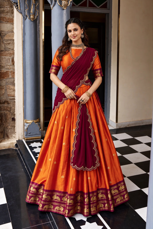 Orange Cotton Silk Lehenga with Maroon Embroidered Dupatta and Zari Border for Women