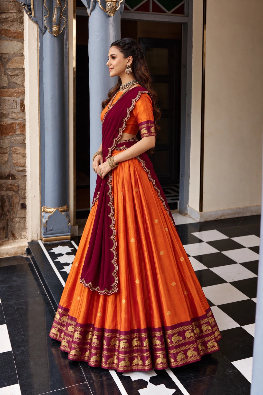 Orange Cotton Silk Lehenga with Maroon Embroidered Dupatta and Zari Border for Women
