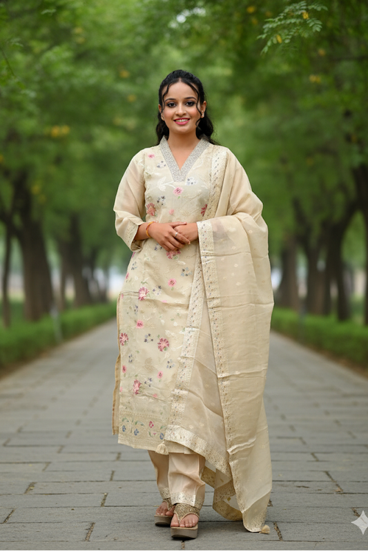 Cream Banarasi Tissue Kurti For Women & Girls