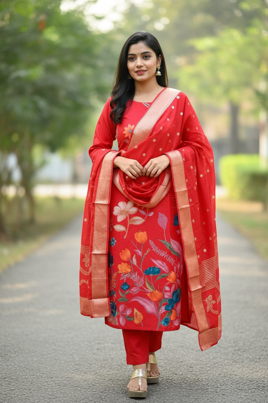 Red Kurti With Multicolor Floral Design For Women & Girls